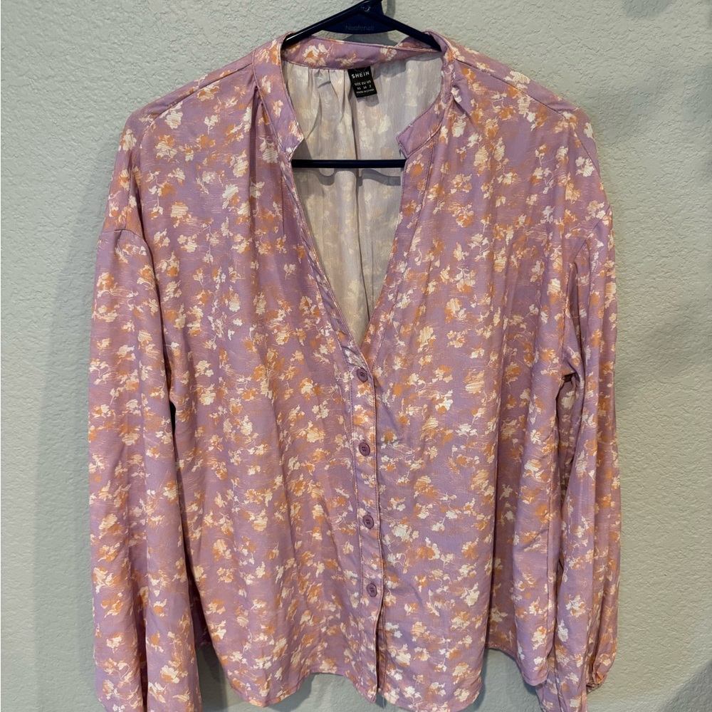 SHEIN Mauve Button Down Shirt with Mandarin Collar and Long Sleeves